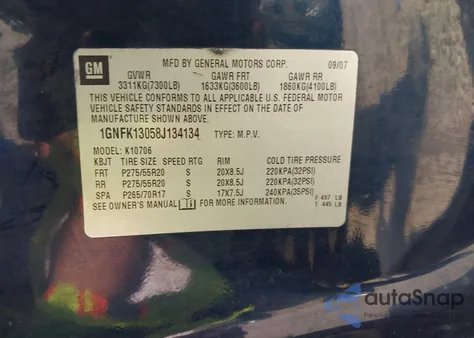 2008 Chevrolet Tahoe Lt z USA, uszkodzony, nr VIN 1GNFK13058J134134